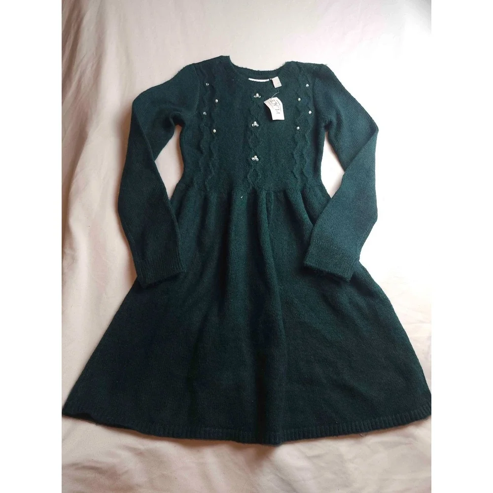 Childrens Place Sweater Dress Girls L 10/12 Green Preppy Classic Festive Holiday